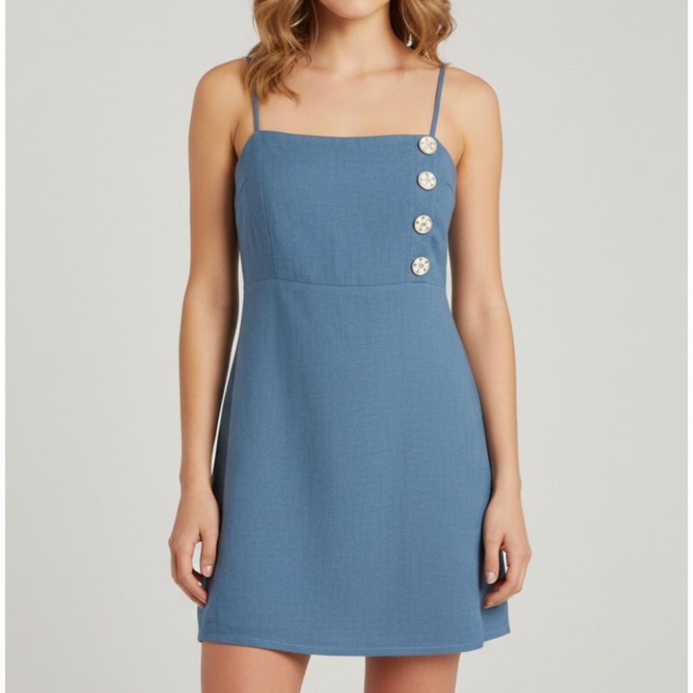 URBAN OUTFITTERS Dress TEAL BLUE Button Detail LINEN BLEND DRESS Strappy SHIFT 0